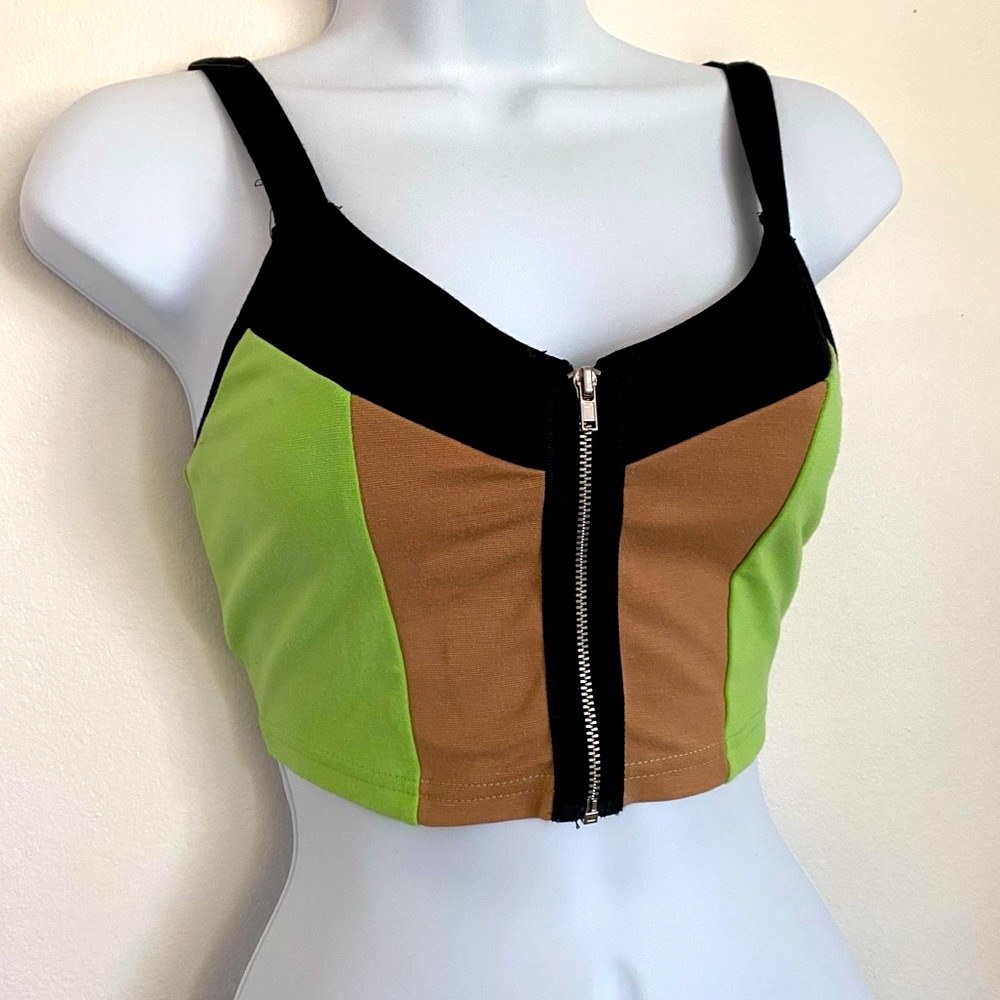 Colorblock Zip-Front Crop Tank Top - Black, Green, Brown